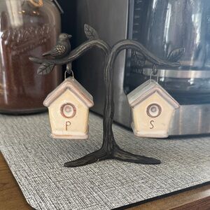 Birdhouse Salt and Pepper Shakers on Tree Stand